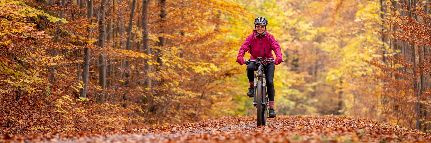 Person beim Radfahren in einem bunten Herbstwald